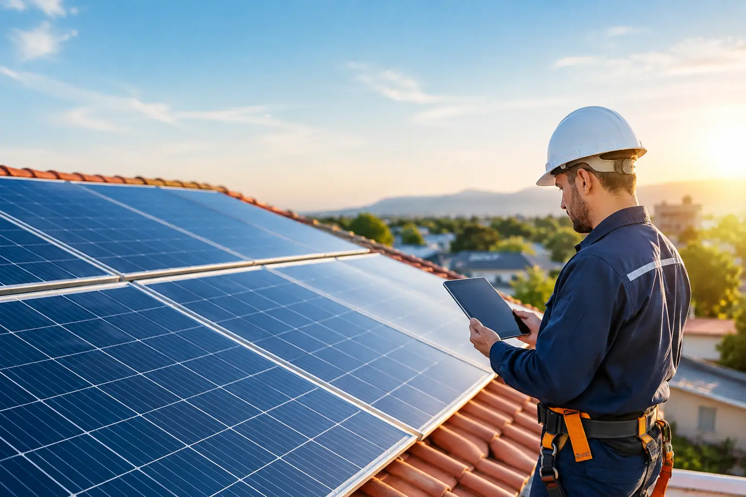 Equipe instalando painéis de um sistema fotovoltaico