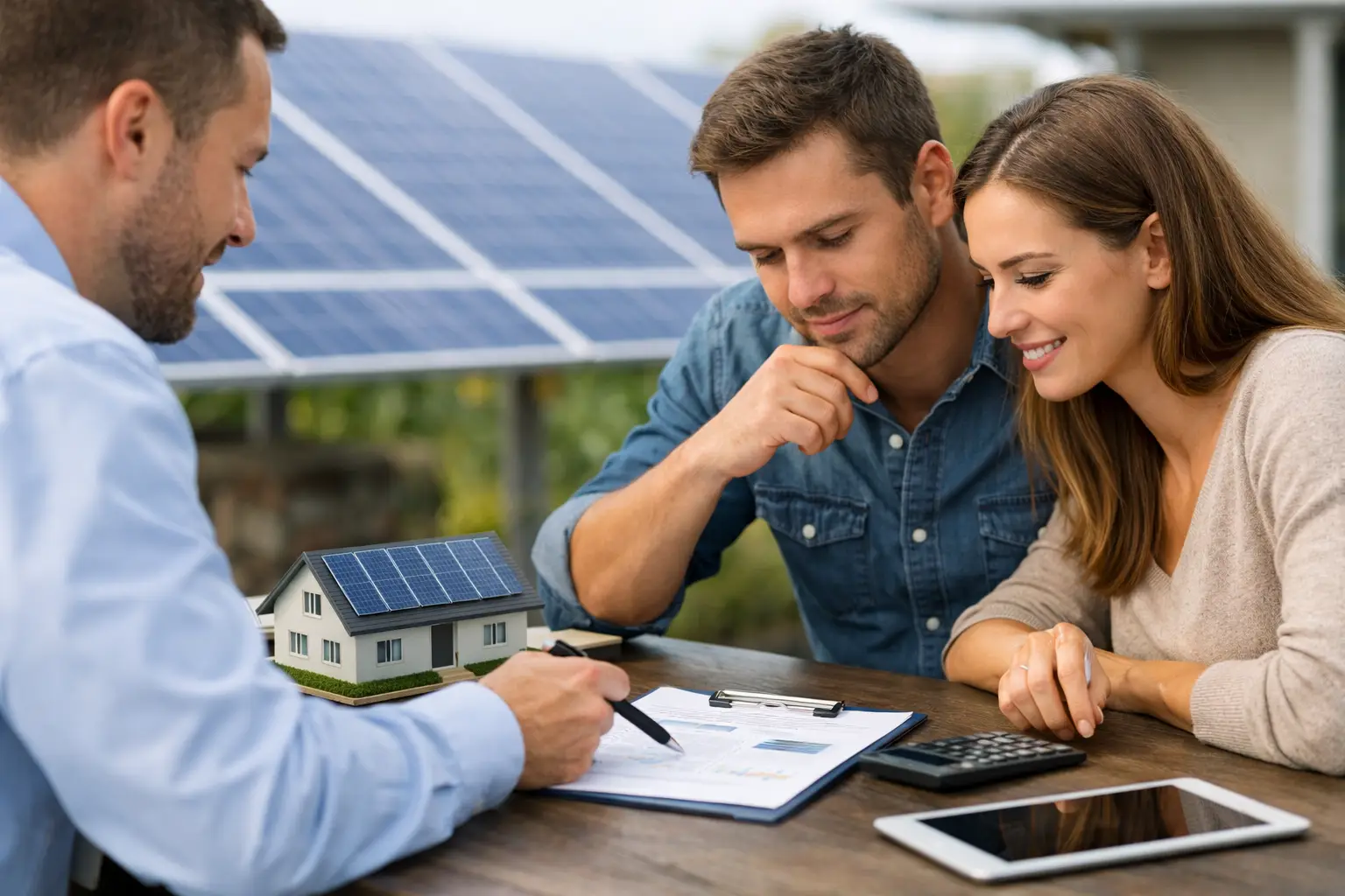 Casal avaliando uma proposta de energia solar com um consultor