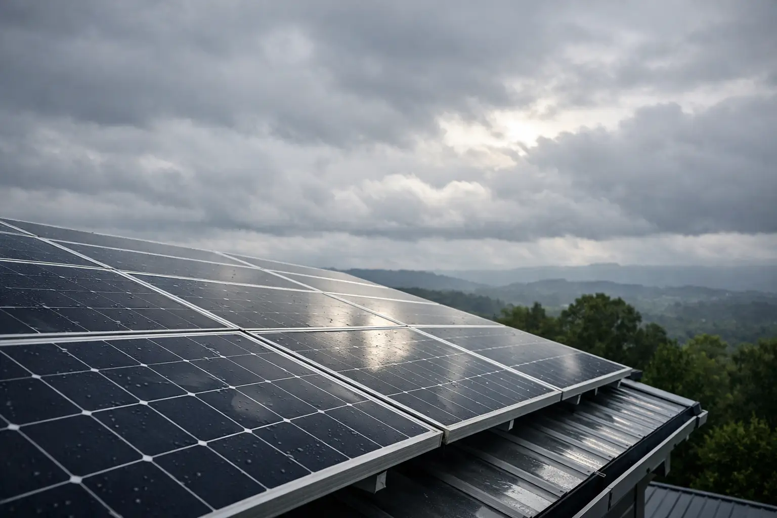 Painéis solares sob céu nublado em uma residência